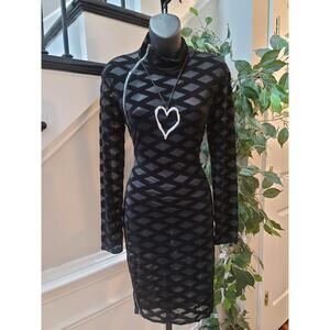 Bodycon Dress Womens Small Black Sheer Geometric Long Sleeve Cocktail Party